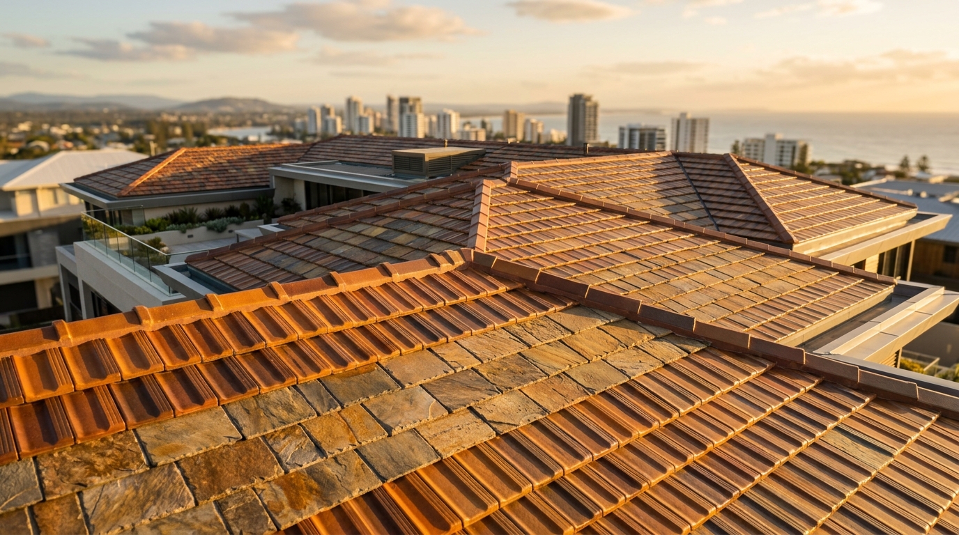 Aerial Drone Inspection of Modern Architectural Roof Tiles