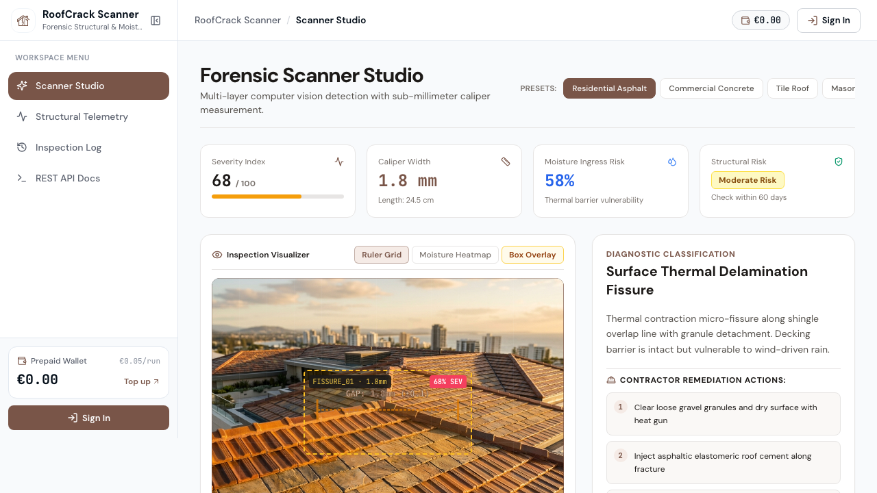 RoofCrack Scanner Interactive Workspace Dashboard